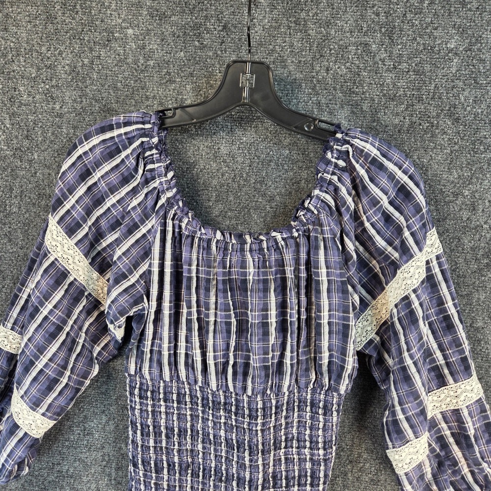Kimchi Blue Blue Plaid Off-Shoulder Smocked Blouse with Velvet Bow - Picture 12 of 13